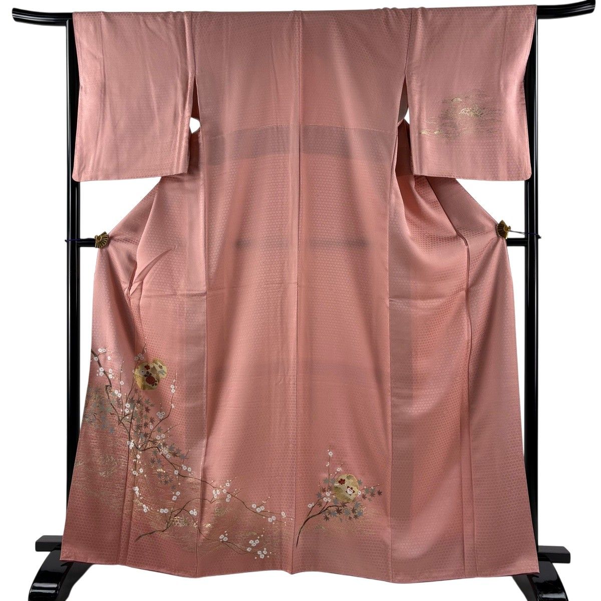 訪問着 身丈164cm 裄丈65.5cm M 袷 雪輪 枝梅 金銀彩 ピンク 正絹 秀品 【中古】