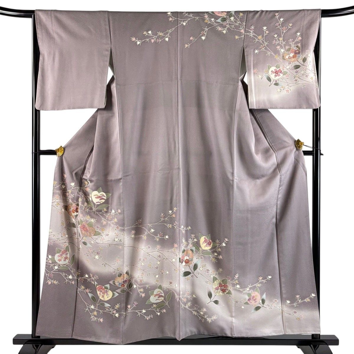 訪問着 身丈156cm 裄丈65.5cm M 袷 橘 菊 金糸 金彩 灰紫 正絹 秀品 【中古】