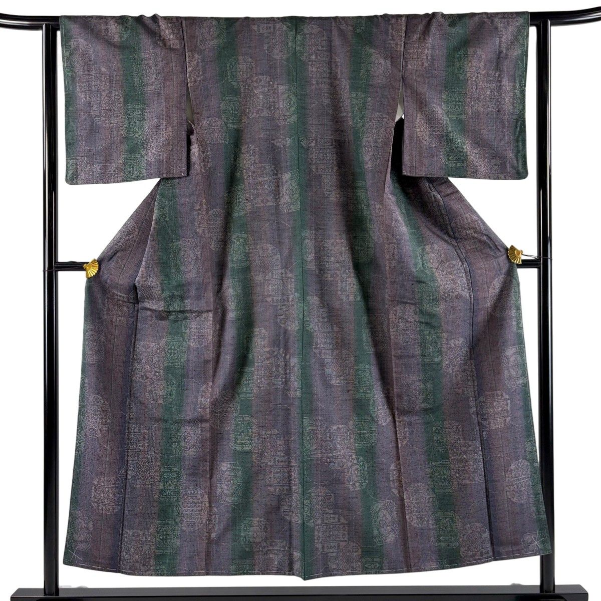 【美品】 紬 身丈150.5cm 裄丈62cm S 袷 証紙 縦縞模様 幾何学模様 灰紫 正絹 秀品 【中古】