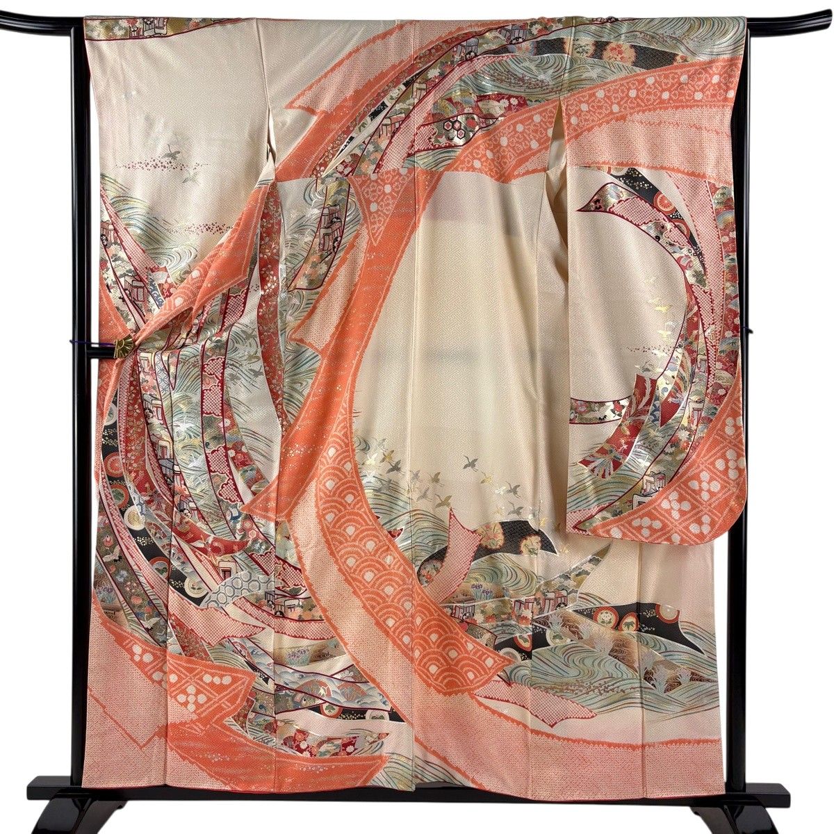 振袖 身丈160cm 裄丈65.5cm M 袷 御所車 熨斗 金銀彩 サーモンピンク 正絹 秀品 【中古】