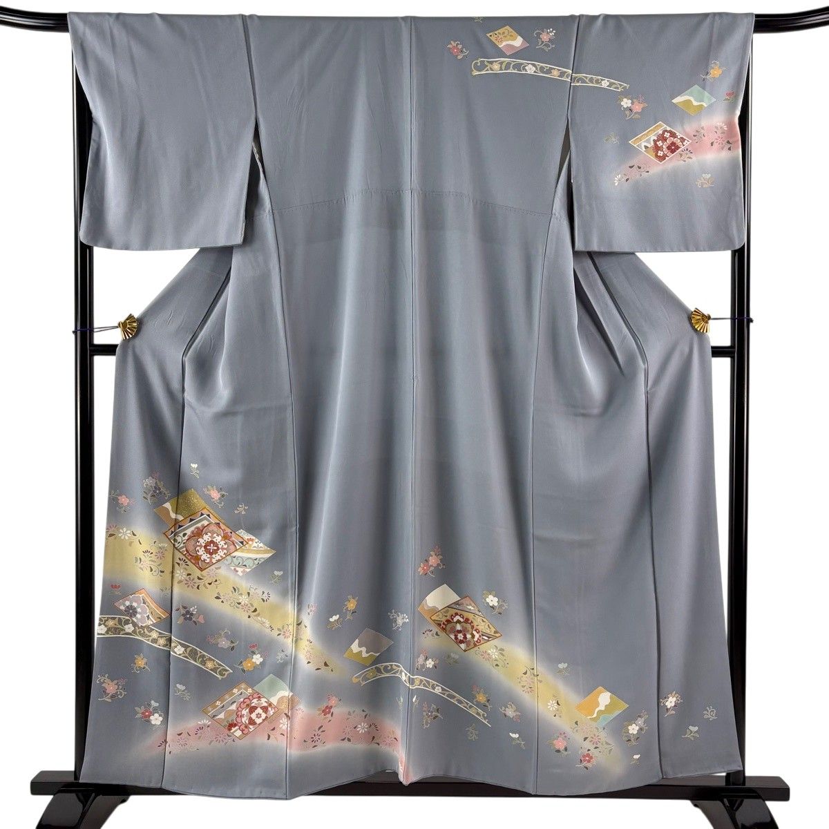 訪問着 身丈155.5cm 裄丈67cm M 袷 菱 花唐草 金糸 金彩 青灰色 正絹 秀品 【中古】 6,952円