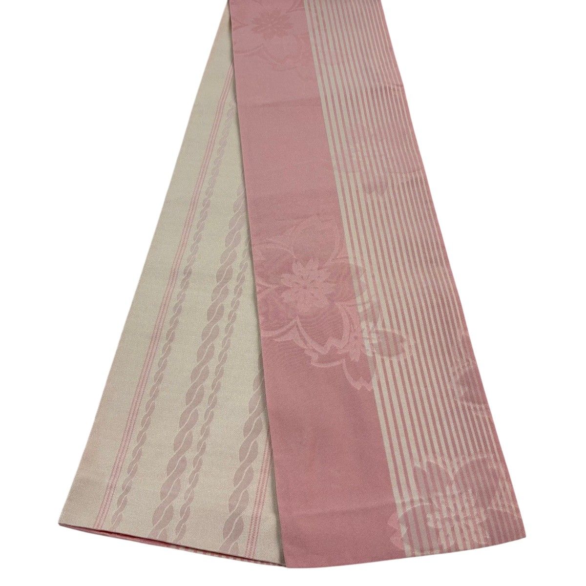 半幅帯 優品 桜 縞 ピンク 化繊 【中古】