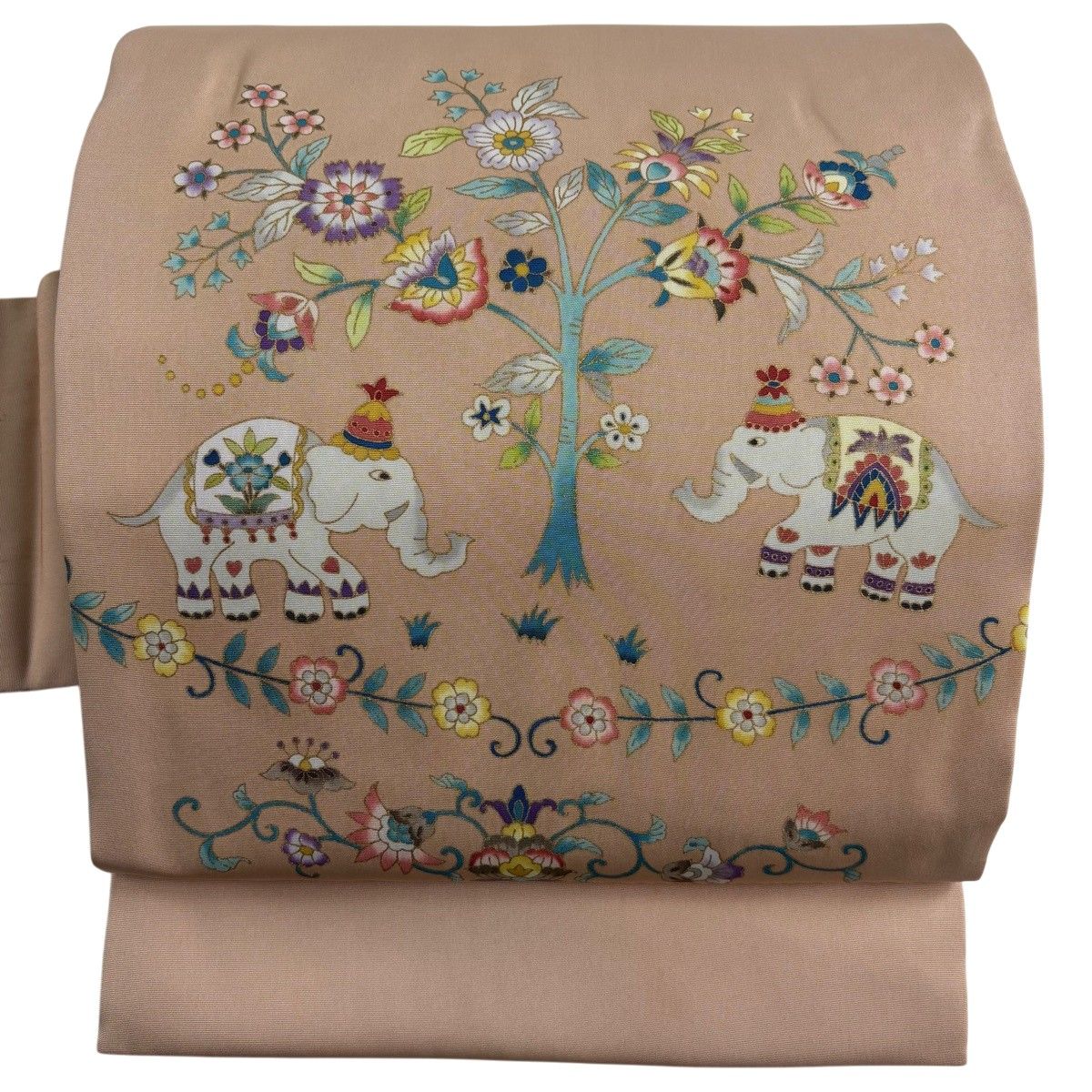名古屋帯 逸品 象 草花 金彩 薄オレンジ 正絹 【中古】