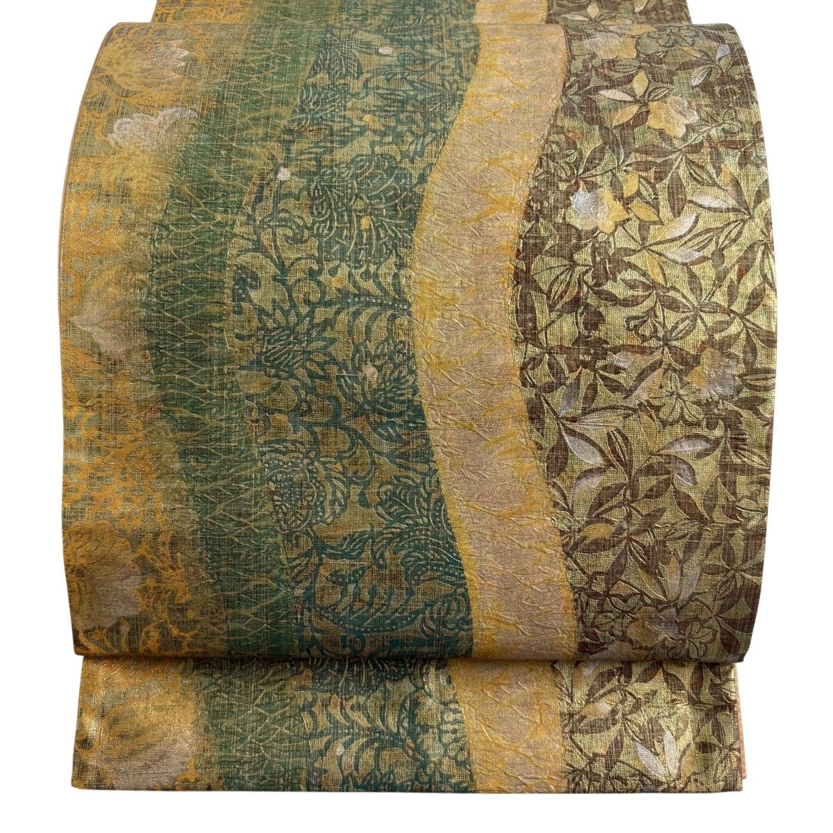袋帯 逸品 落款 牛首紬 花唐草 草花 金銀彩 山吹茶色 全通 正絹 【中古】