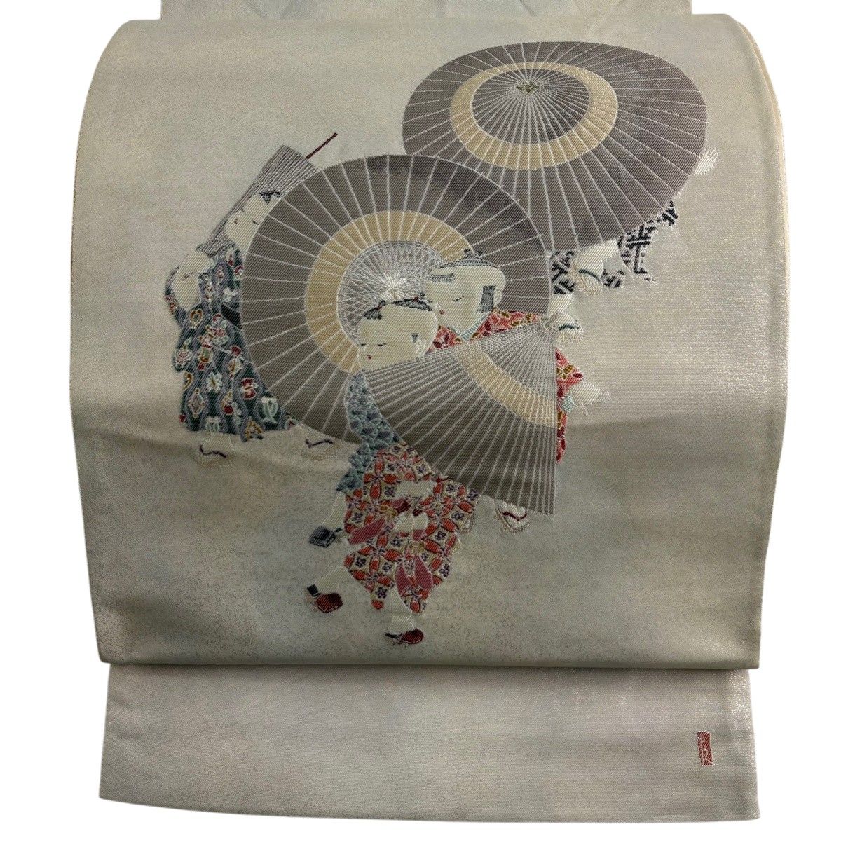 袋帯 逸品 由水十久監修 落款 童 傘 箔 灰茶 お太鼓柄 正絹 【中古】