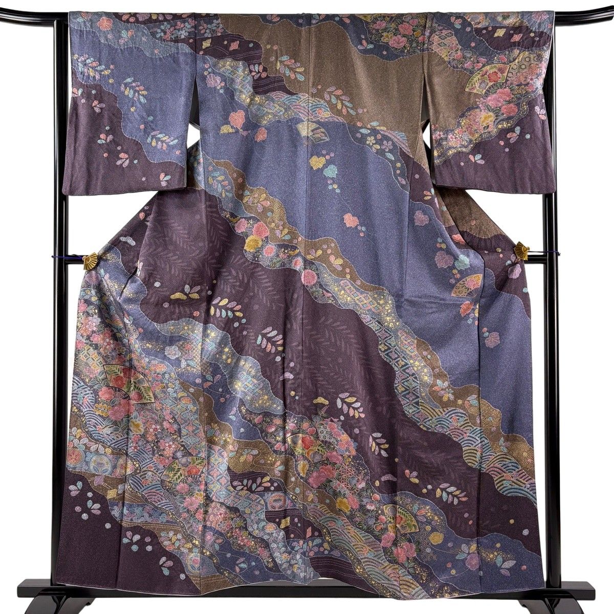 【美品】 訪問着 身丈157cm 裄丈65cm M 袷 扇 草花 金彩 染分け 紫 正絹 名品 【中古】 11,376円