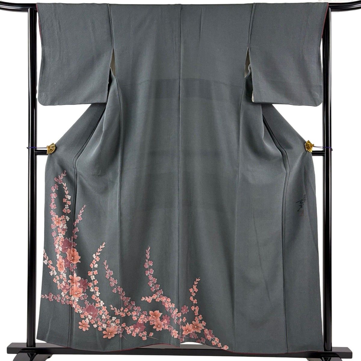 訪問着 身丈156.5cm 裄丈63cm S 袷 大久保玄才 落款 草花 縮緬 灰色 正絹 名品 【中古】