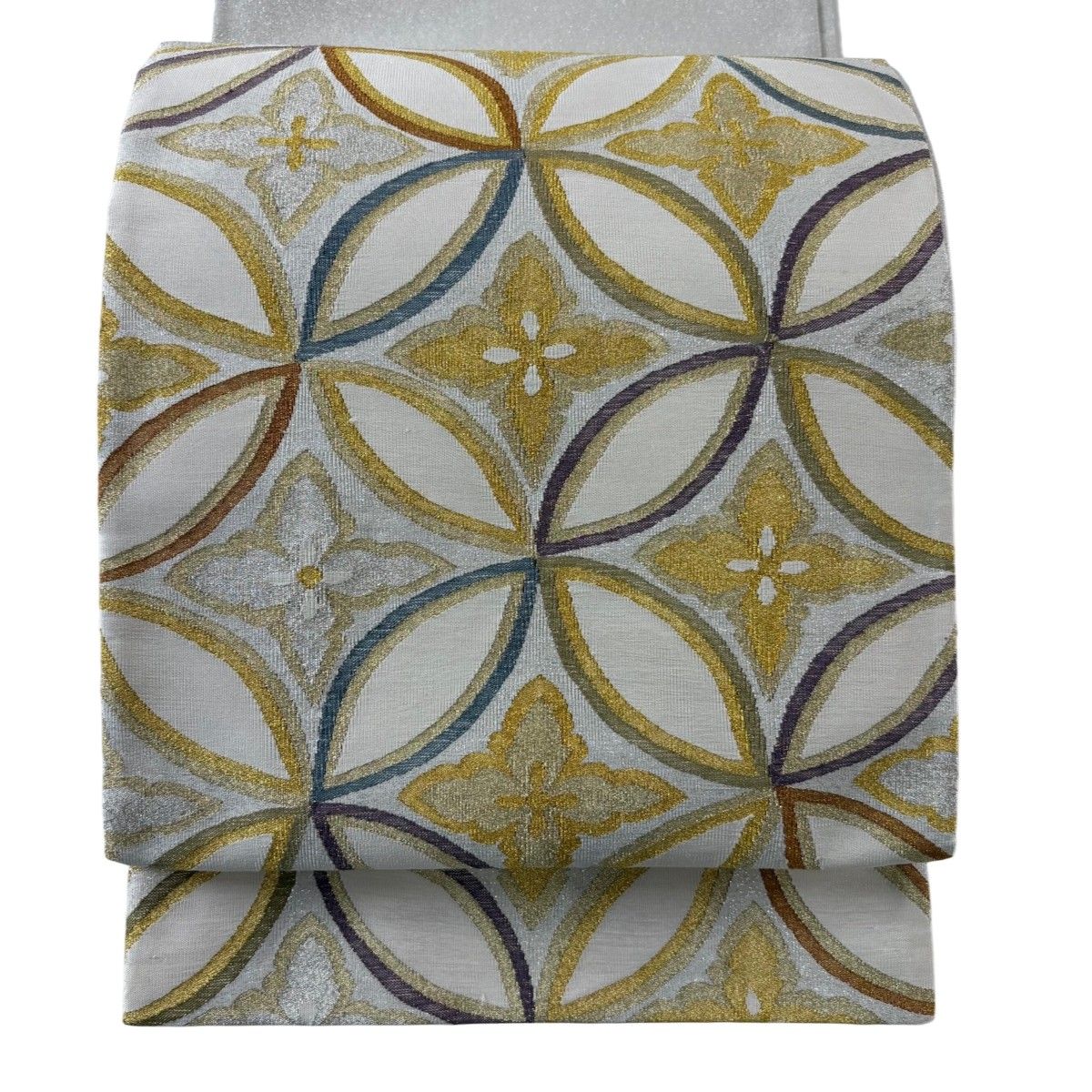 袋帯 名品 七宝 金銀糸 箔 クリーム お太鼓柄 正絹 【中古】