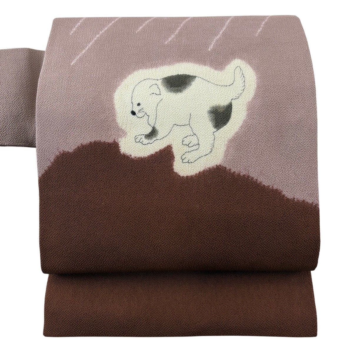 名古屋帯 名品 犬 斜縞 縮緬 灰紫 正絹 【中古】 12,008円