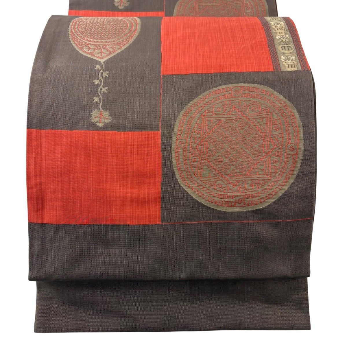 【美品】 袋帯 名品 木屋太 落款 花器 幾何学模様 焦茶色 六通 正絹 【中古】