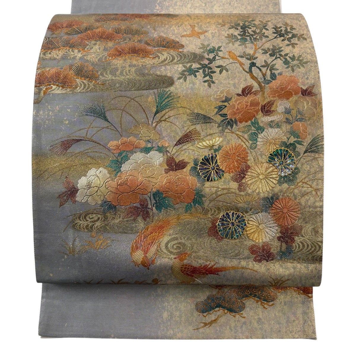 袋帯 名品 花鳥 笠松 螺鈿 金銀彩 灰色 お太鼓柄 正絹 【中古】 10,350円