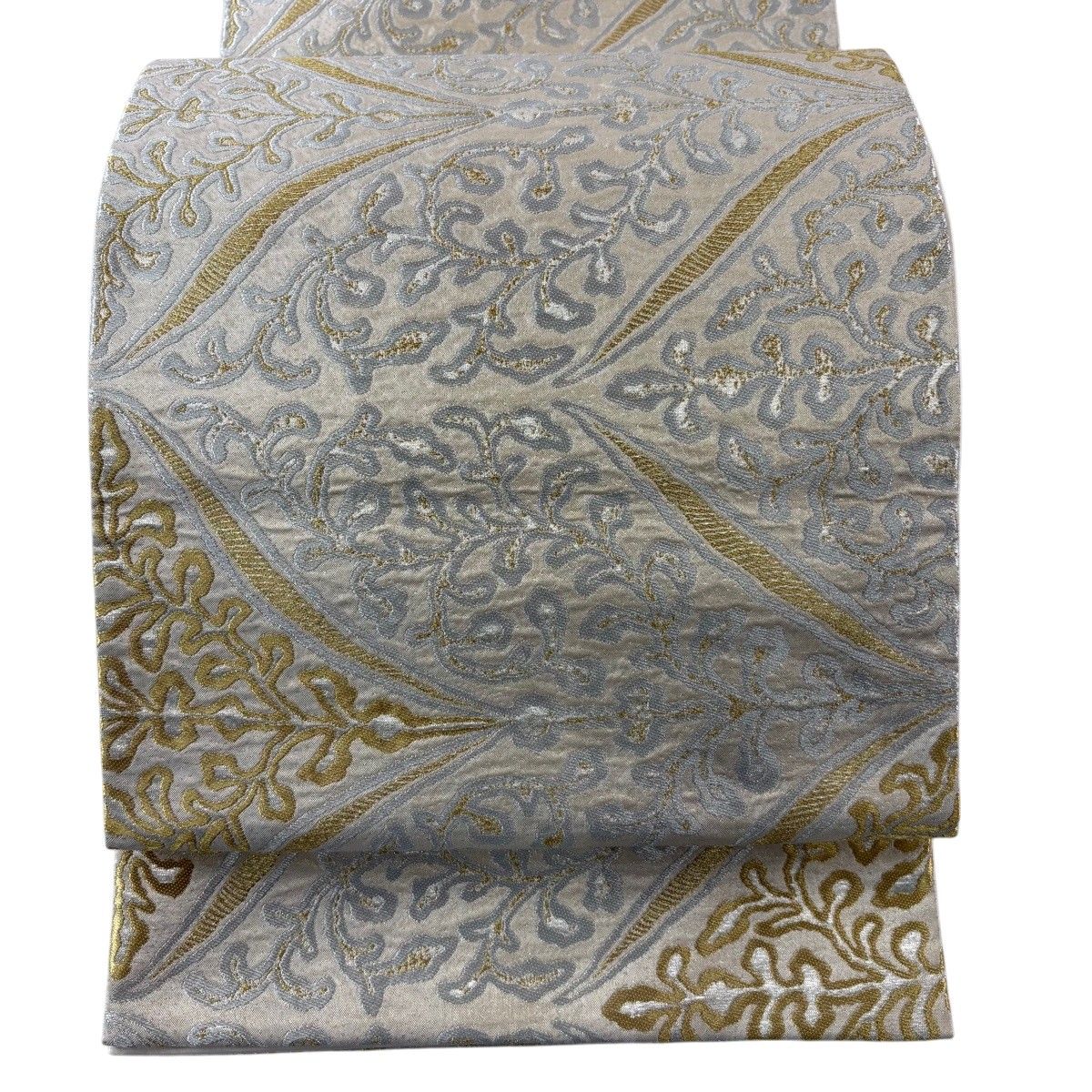 【美品】 袋帯 名品 となみ織物 落款 葉 金銀糸 ベージュ 六通 正絹 【中古】 11,218円