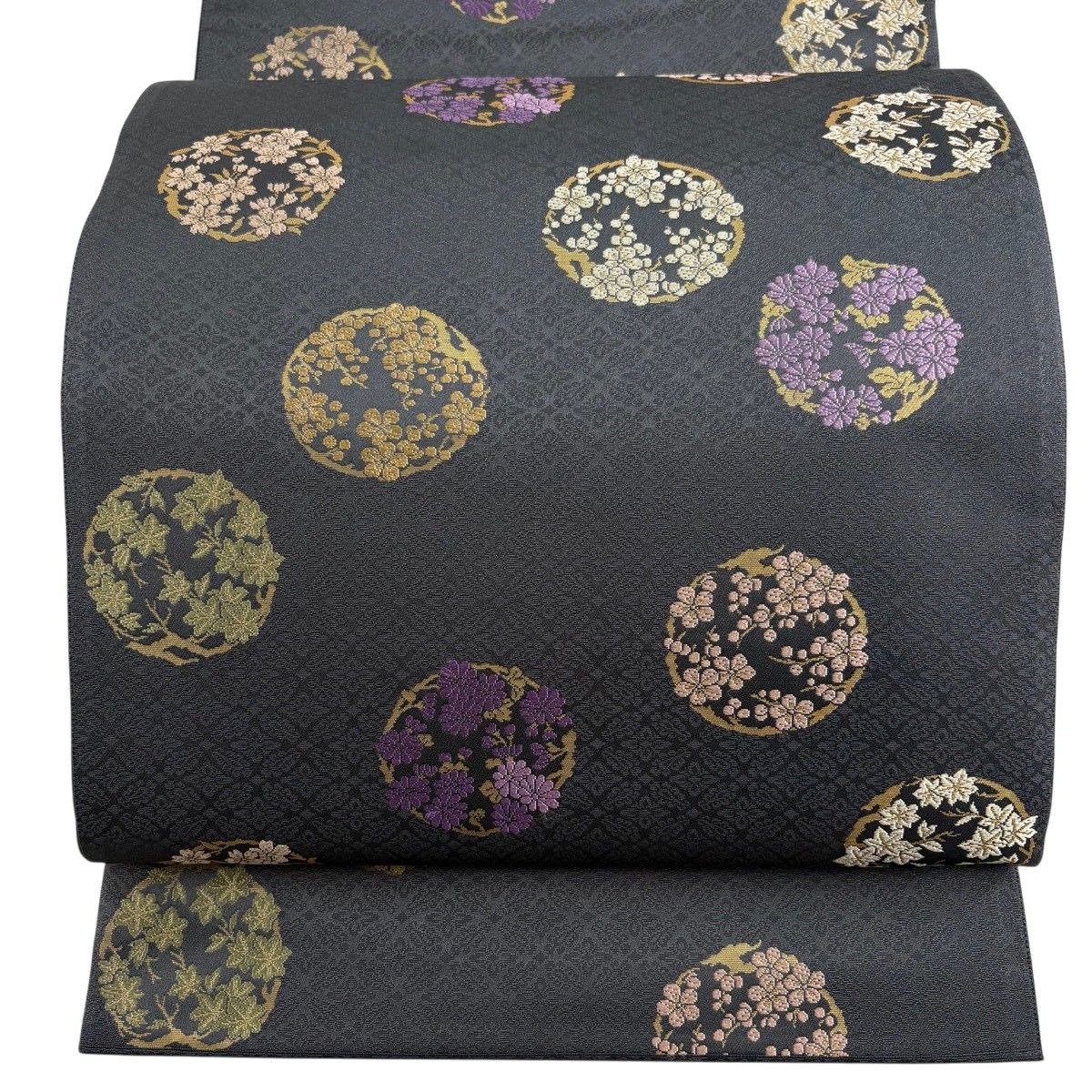 【美品】 袋帯 名品 箔屋清兵衛 落款 西陣織 花丸文 地紋 箔 黒灰 六通 正絹 【中古】