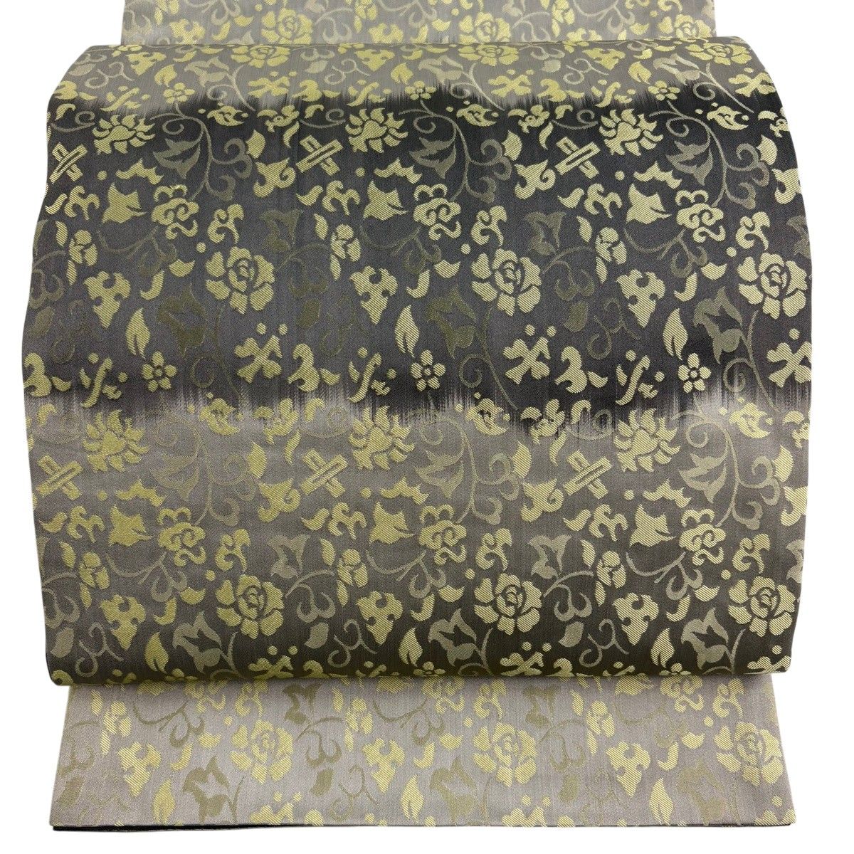 【美品】 袋帯 名品 花唐草 宝尽くし 灰色 全通 正絹 【中古】