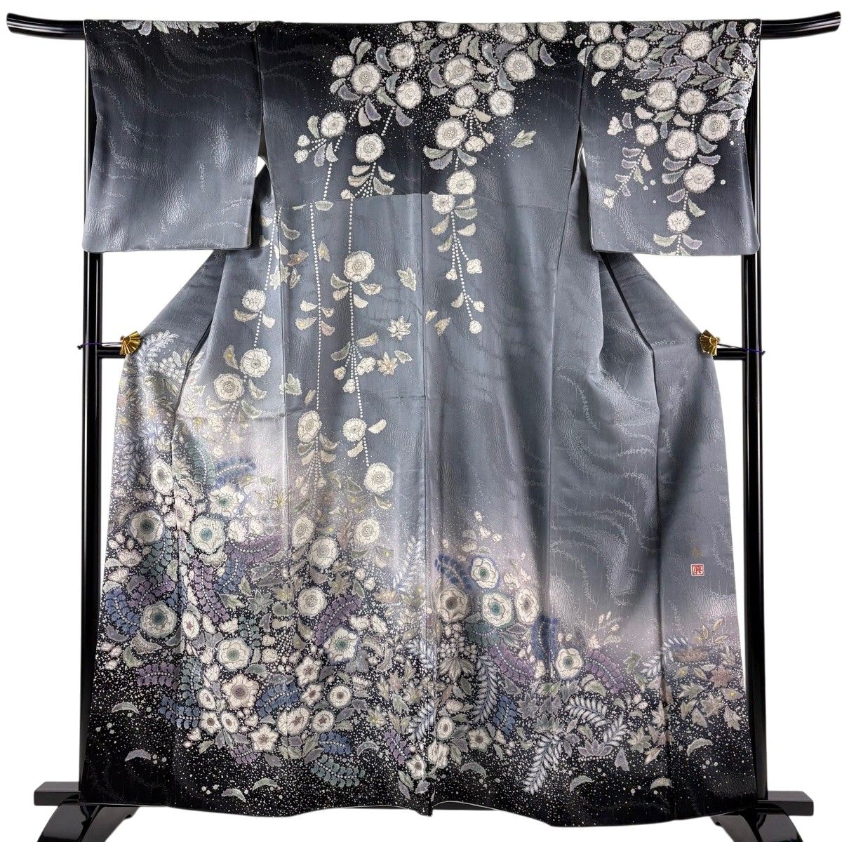 訪問着 身丈158.5cm 裄丈66.5cm M 袷 吉乃一廉 落款 辻が花 銀通し ぼかし 灰色 正絹 逸品 【中古】