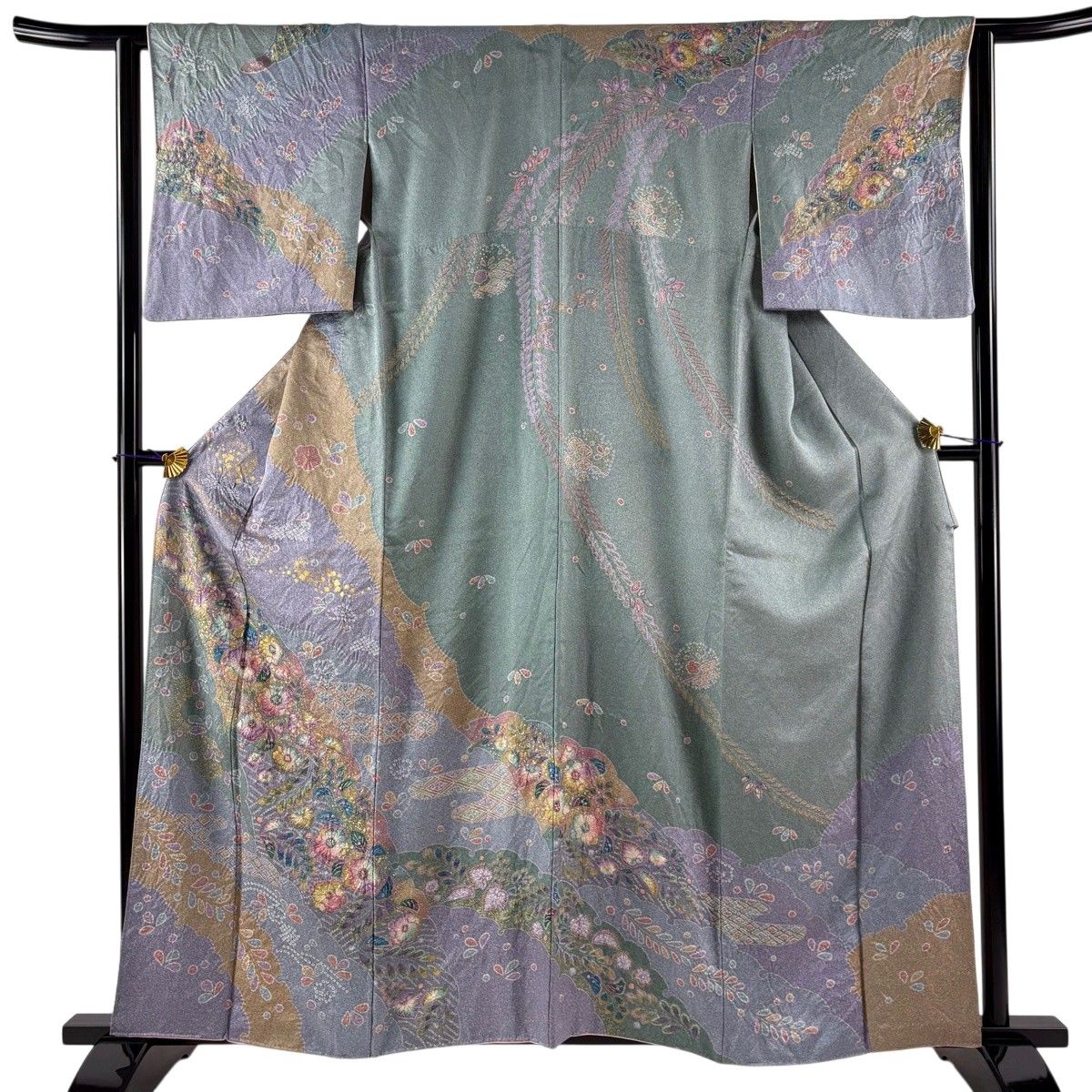 【美品】 訪問着 身丈160cm 裄丈62.5cm S 袷 辻が花 雪輪 金彩 灰緑 正絹 名品 【中古】 13,172円