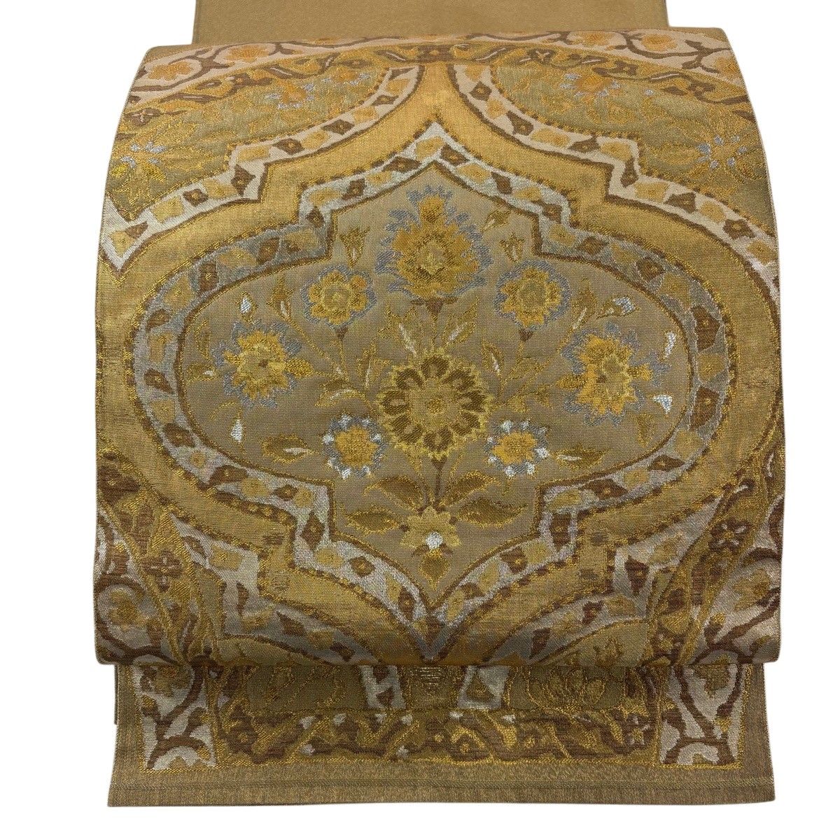 【美品】 袋帯 名品 草花 金銀糸 箔 金茶 お太鼓柄 正絹 【中古】 11,376円
