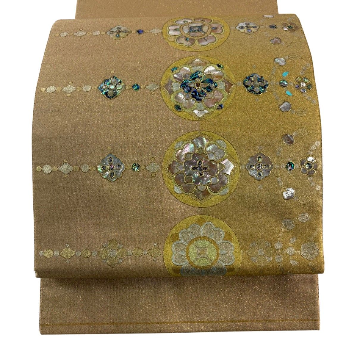 袋帯 名品 華文 丸文 螺鈿 金彩 茶色 お太鼓柄 正絹 【中古】