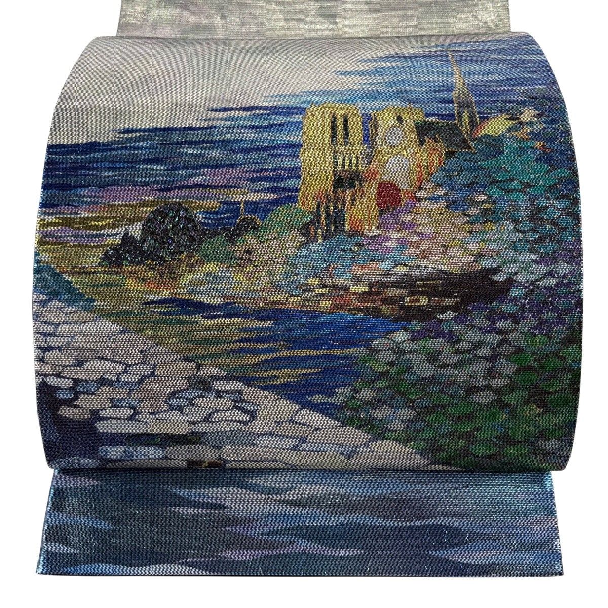 【美品】 袋帯 秀品 世界遺産 パリのセーヌ河岸 箔 青 お太鼓柄 正絹 【中古】