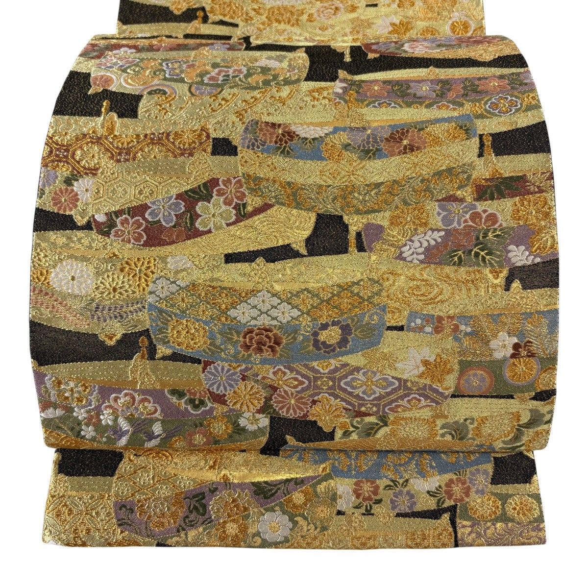 【美品】 袋帯 秀品 糸巻き 草花 金糸 箔 黒 六通 正絹 【中古】