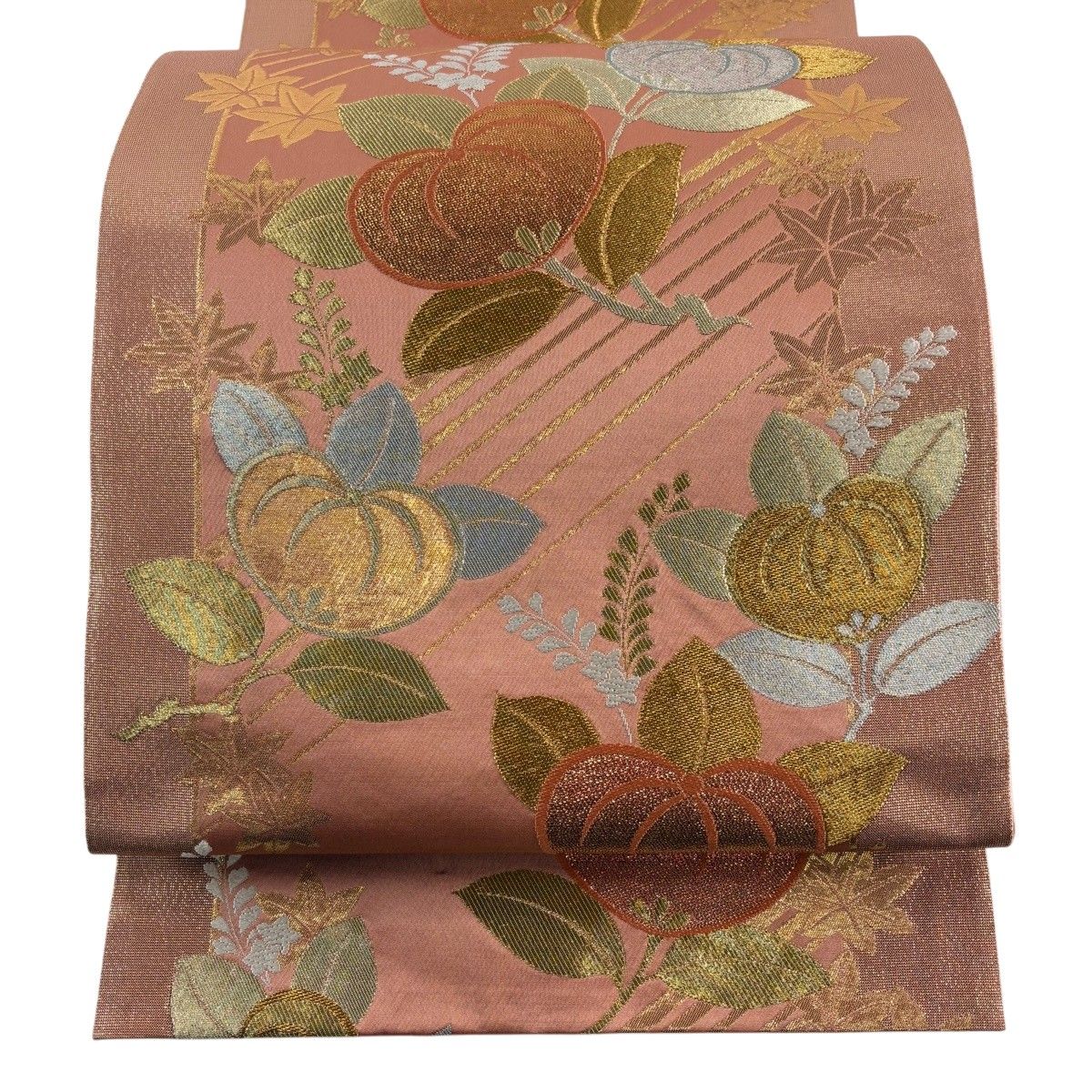 【美品】 袋帯 秀品 橘 楓 箔 ピンクベージュ 六通 正絹 【中古】 6,512円