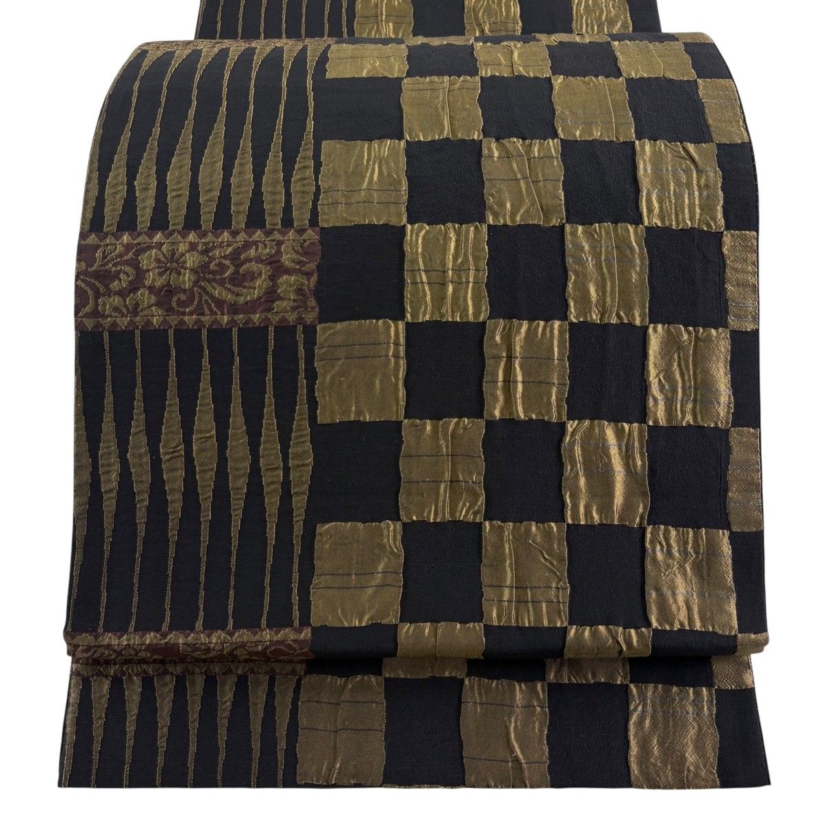 【美品】 袋帯 秀品 市松 草花 黒 全通 正絹 【中古】