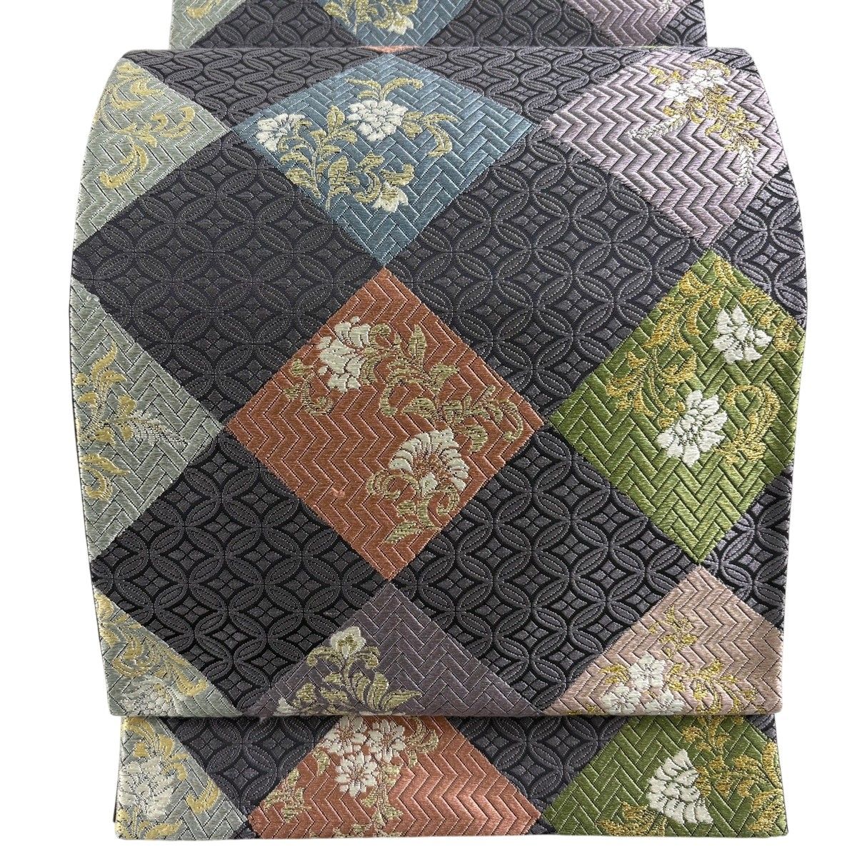 【美品】 袋帯 名品 有職市松文 草花 七宝 唐織 金糸 薄紫 六通 正絹 【中古】