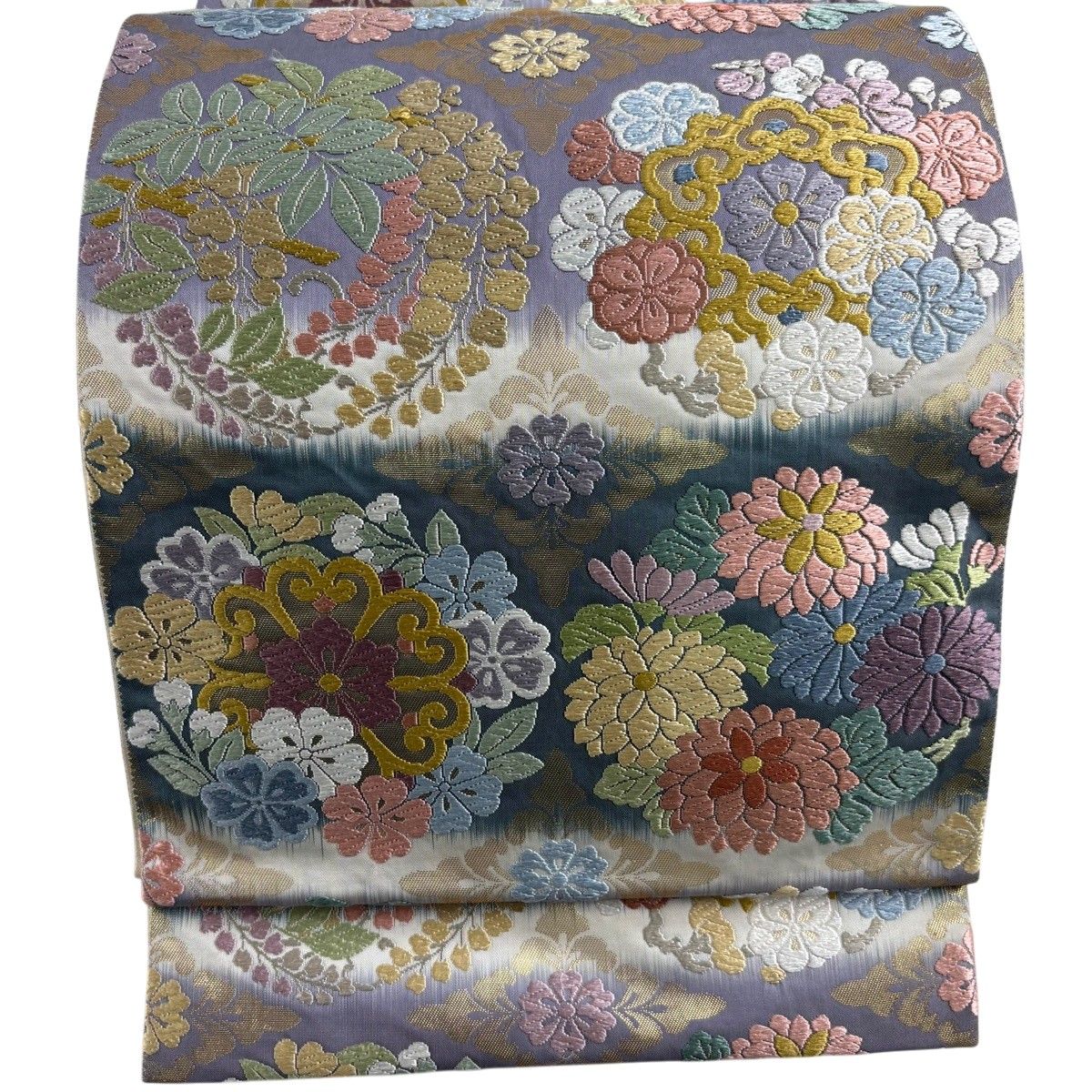 袋帯 名品 華文 花丸文 唐織 箔 灰紫 六通 正絹 【中古】