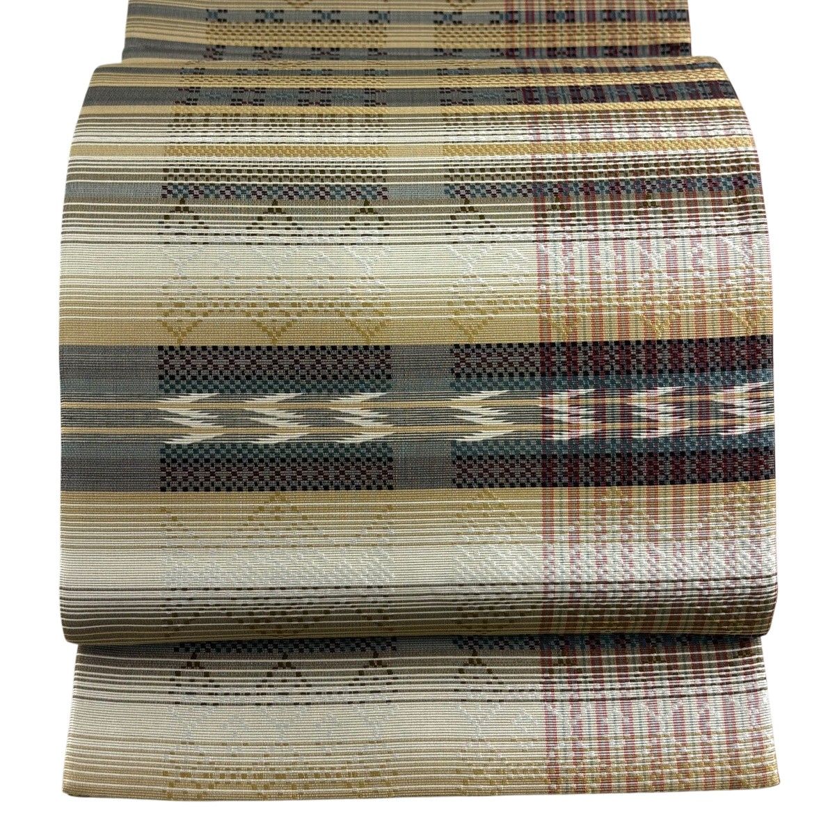 【美品】 袋帯 逸品 紬地 段縞 流水 茶色 全通 正絹 【中古】 27,600円