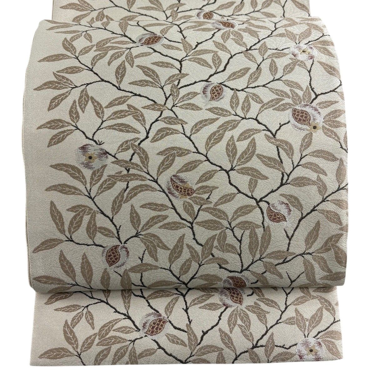 【美品】 袋帯 逸品 黄金ムガ蚕 柘榴 箔 灰茶 六通 正絹 【中古】