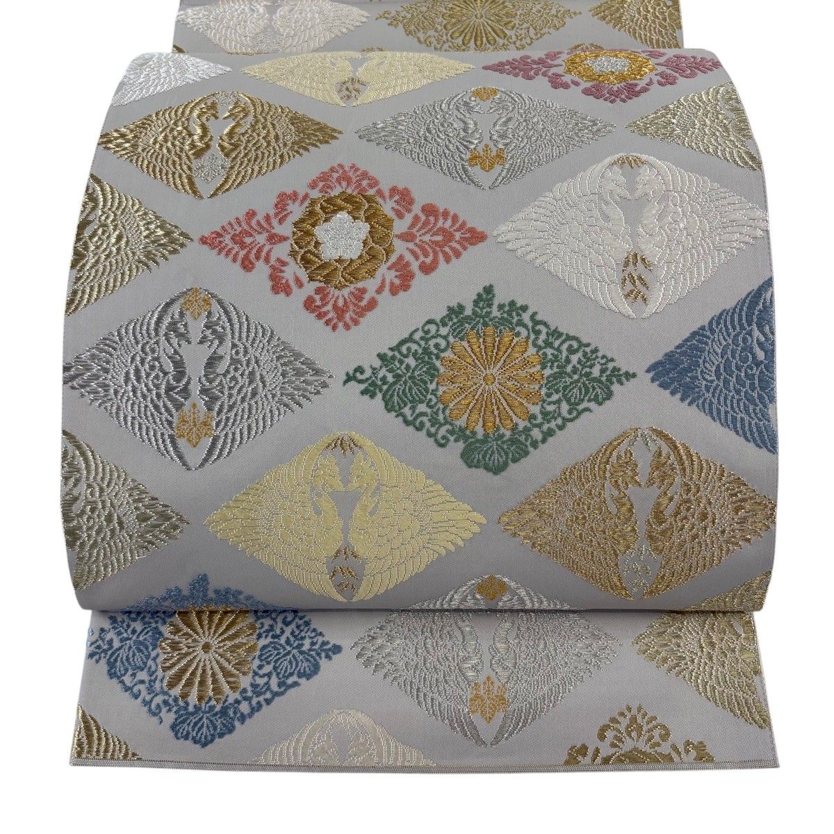 【美品】 袋帯 逸品 山口美術織物 落款 菱取鳳凰華文 唐織 金糸 灰色 お太鼓柄 正絹 【中古】