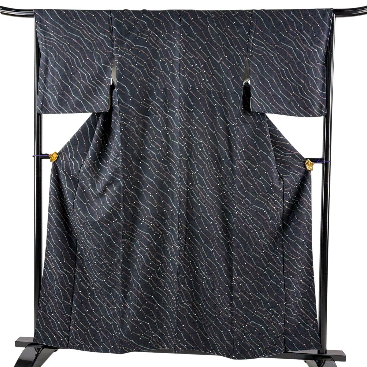 【美品】 小紋 身丈159cm 裄丈66.5cm M 袷 幾何学模様 地紋 墨色 正絹 秀品 【中古】