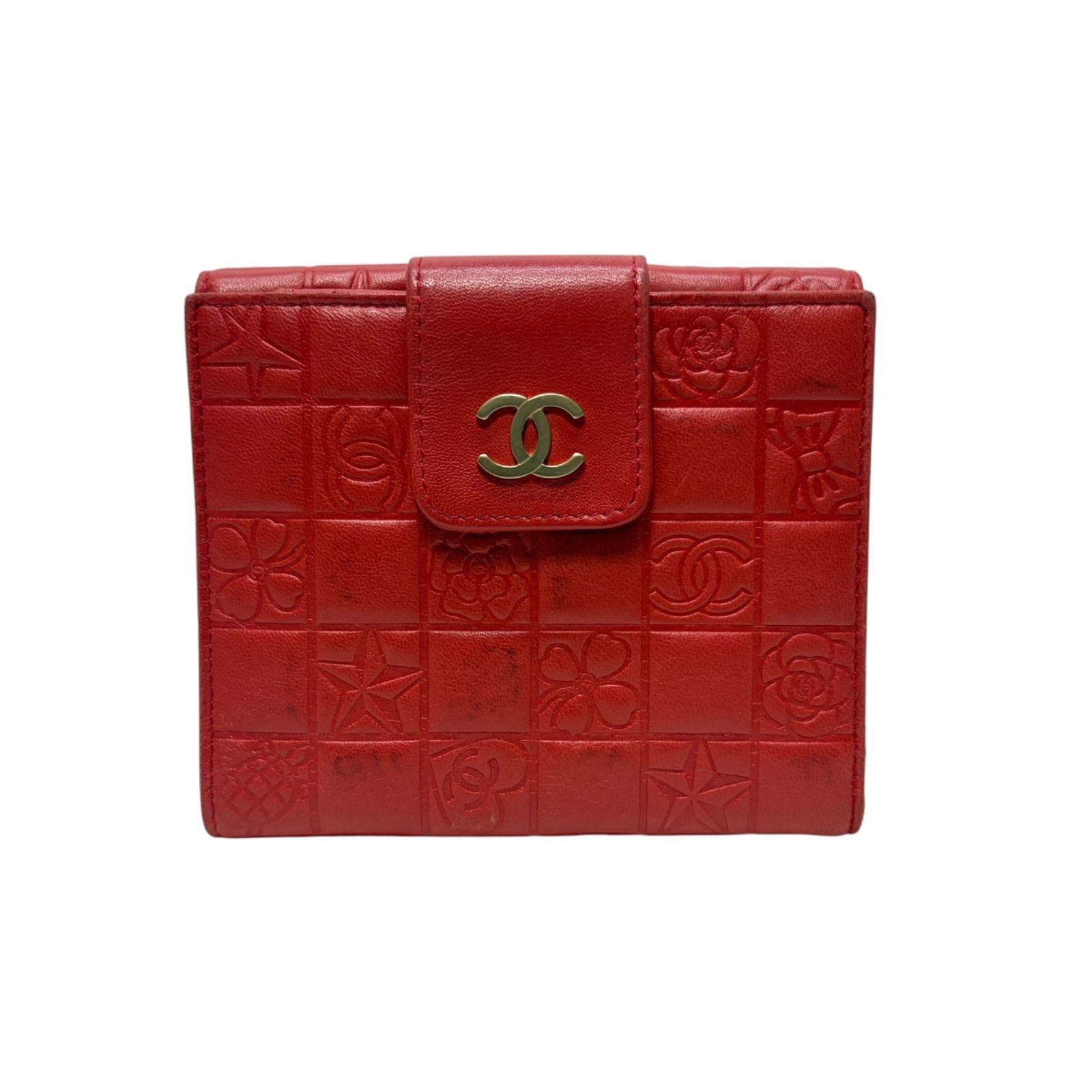 5160 CHANEL シャネル 折り財布 アイコンライン ココマーク レザー レッド 赤 Wホック