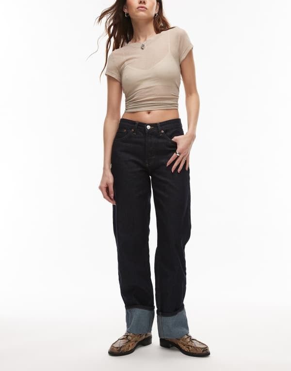 トップショップ レディース ボトムス デニムパンツ ジーンズ Topshop Runway mid rise straight turnup jeans in rinse indigo Blue ブル