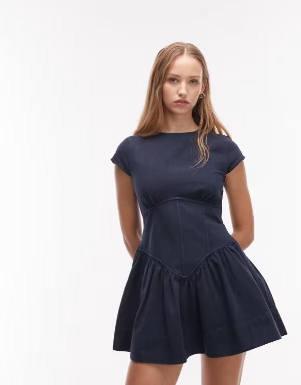 エイソス レディース トップス ワンピース ミニ ノースリーブ デニム ASOS DESIGN corset inspired sleeveless mini dress in denim Blue