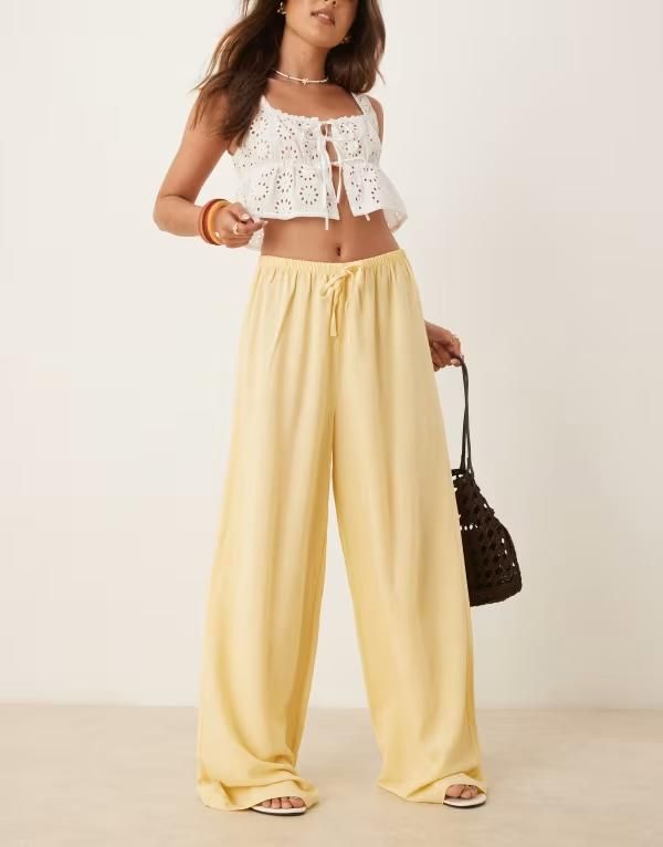 エイソス レディース ボトムス カジュアルパンツ パンツ リネン ASOS DESIGN linen look pull on pants in buttermilk yellow Buttermil