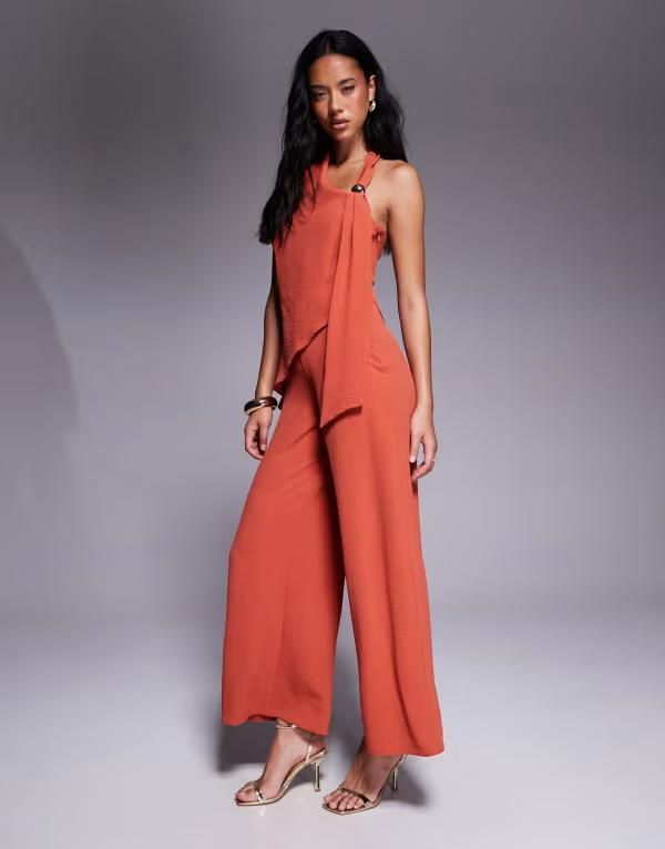 エイソス レディース トップス ジャンプスーツ オーバーレイ ホルター ASOS DESIGN trim detail halter overlay jumpsuit in rustラスト 14,425円