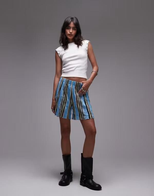 トップショップ レディース ボトムス ハーフパンツ・ショーツ ワイドレッグ ショートパンツ Topshop striped crinkle wide leg shorts in multi Multi 7,485円