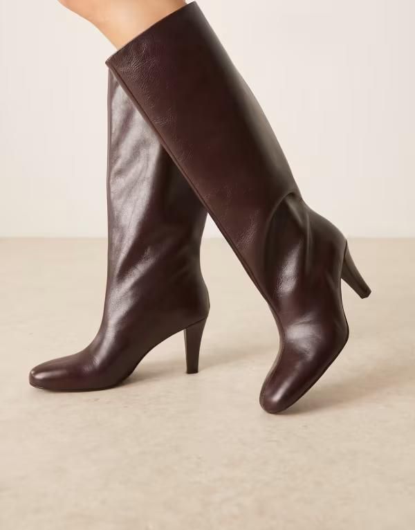 マンゴ レディース シューズ ブーツ・レインブーツ レザー ヒール Mango 100 leather heeled knee high boots in cherry Cherry Red レッド