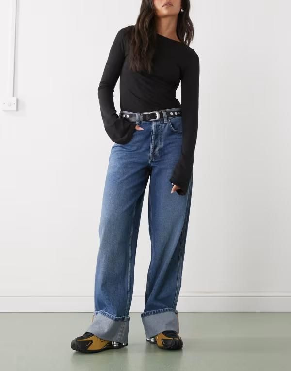 コルージョン レディース ボトムス デニムパンツ ジーンズ COLLUSION mid rise jeans with turn up in mid wash MID BLUE ブルー