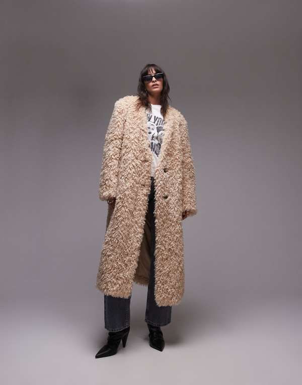 トップショップ レディース アウター コート Topshop faux fur collarless long coat in honey Honey