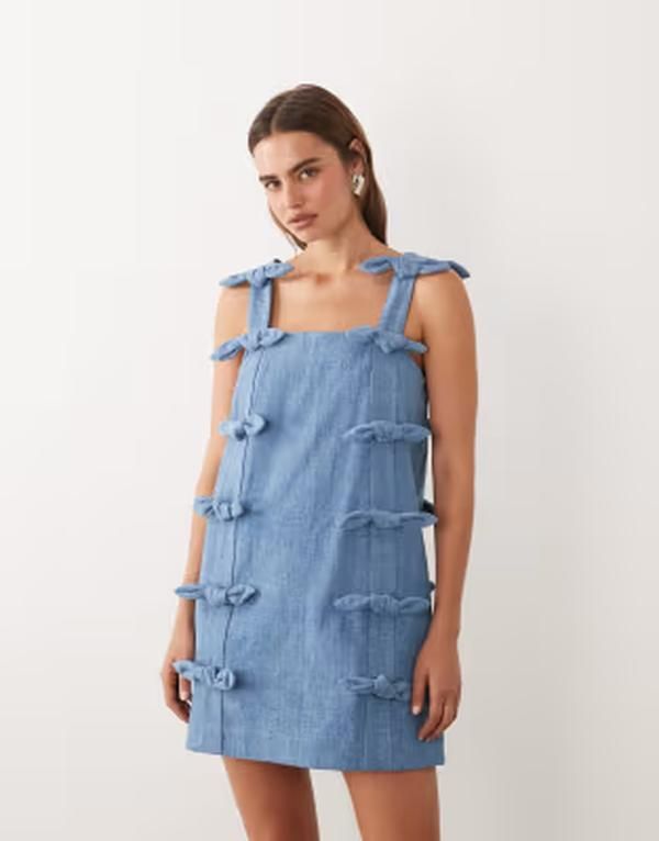 シスタージュン レディース トップス ワンピース ミニ デニム Sister Jane Larsson denim square neck bow detail mini dress BLUE ブルー
