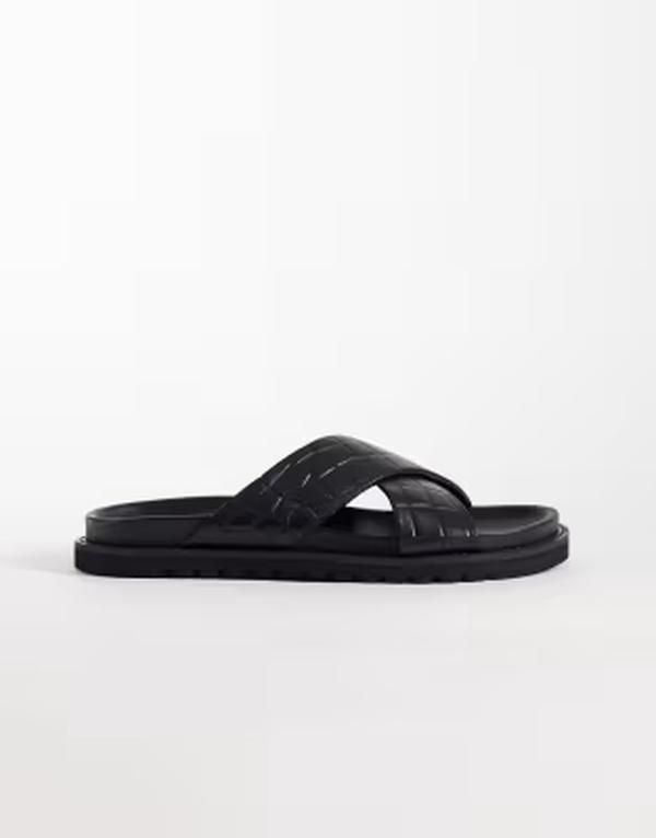 エイソス メンズ シューズ サンダル レザー ASOS DESIGN crossover strap sandals with embossed weave leather Black ブラック
