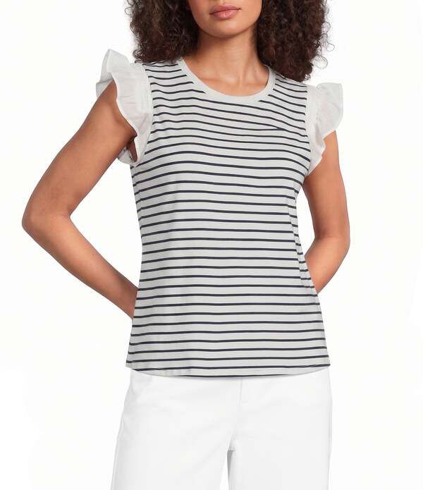 カール ラガーフェルド レディース トップス シャツ ノースリーブ ニット ジャージー KARLAGERFELD PARIS Jersey Knit Striped Boat Neck Sleevel