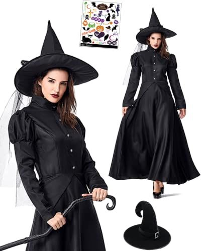 Madrugada 魔女 クラシカル 本格 コスプレ ロングスカート ブラック ドレス 黒魔女 ハロウィン 魔女 魔法使い ウィッチ コスプレ 魔女の帽子 ハロウィン タトゥーシール付き 3点セット レディース S757 (XL)pms