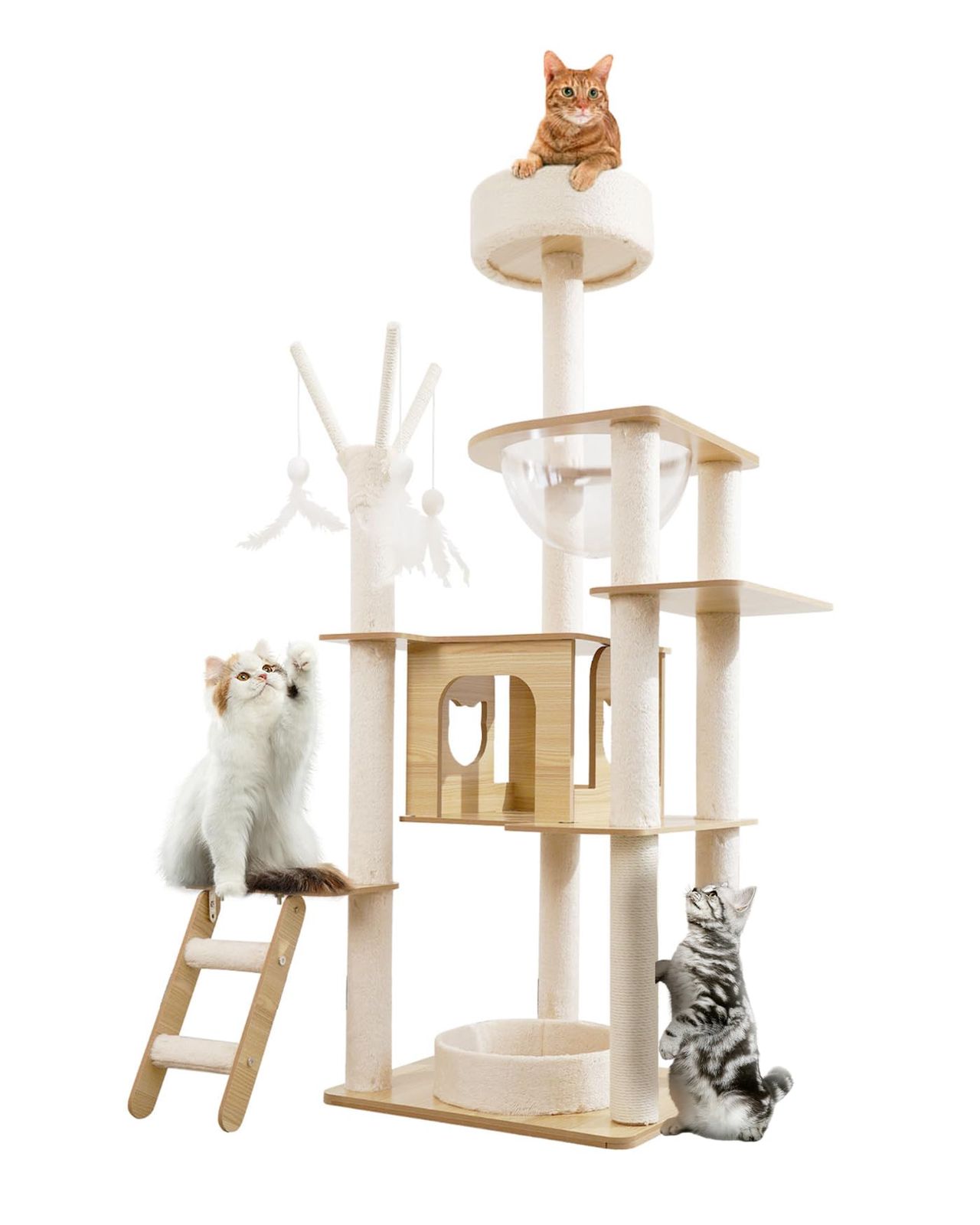 YUCHONG キャットタワー 多頭飼い 大型猫用 透明ボウル 宇宙船付き 高さ131cm見晴台 木製 猫タワー 据え置き 天然サイザル麻 爪とぎポール 羽のおもちゃ 登りやすい階段 人気 ねこハウス 頑丈 安定感 猫の家 運動不足解消 省ス ac92bdf5
