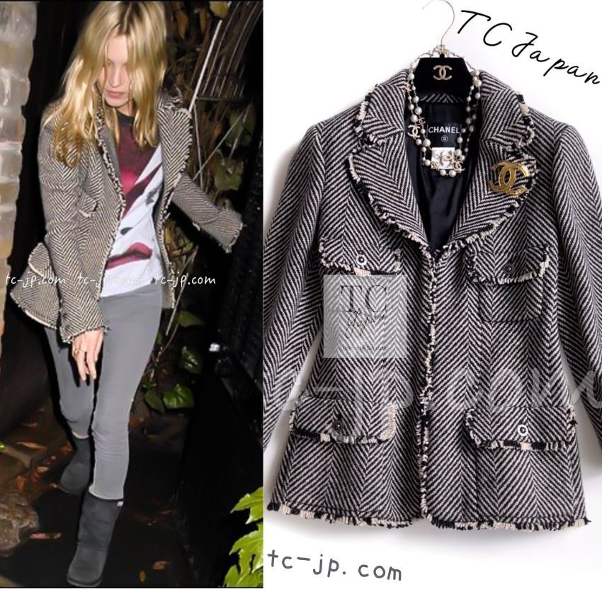 シャネル ジャケット CHANEL ブラック シェベロン ウール ツイード ケイトモス カール・ラガーフェルド作品 【9号/M】貴重 レア 超美品 38