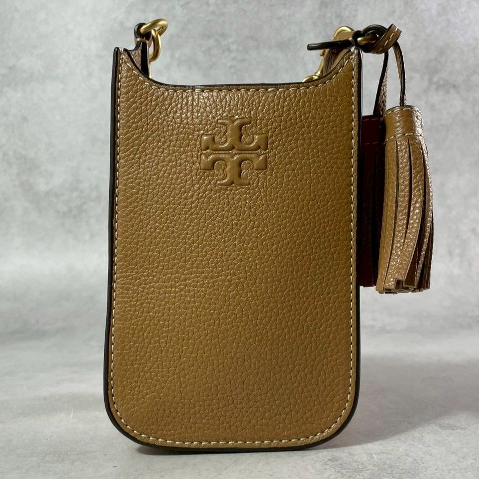 極美品✨TORY BURCH トリーバーチ　スマホショルダーバッグ iphone 携帯 フォンショルダー タッセル クロスショルダー レザー キャメルブラウン ユニセックス 男女兼用