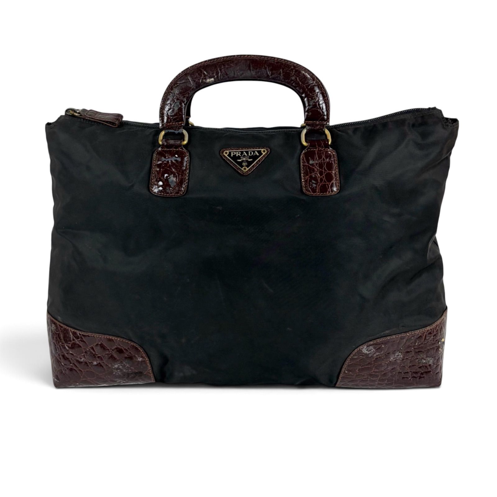 PRADA Tessuto Nylon Hand Bag プラダ テスートナイロン×クロコ型押しレザー ハンドバッグ ブラック ブラウン