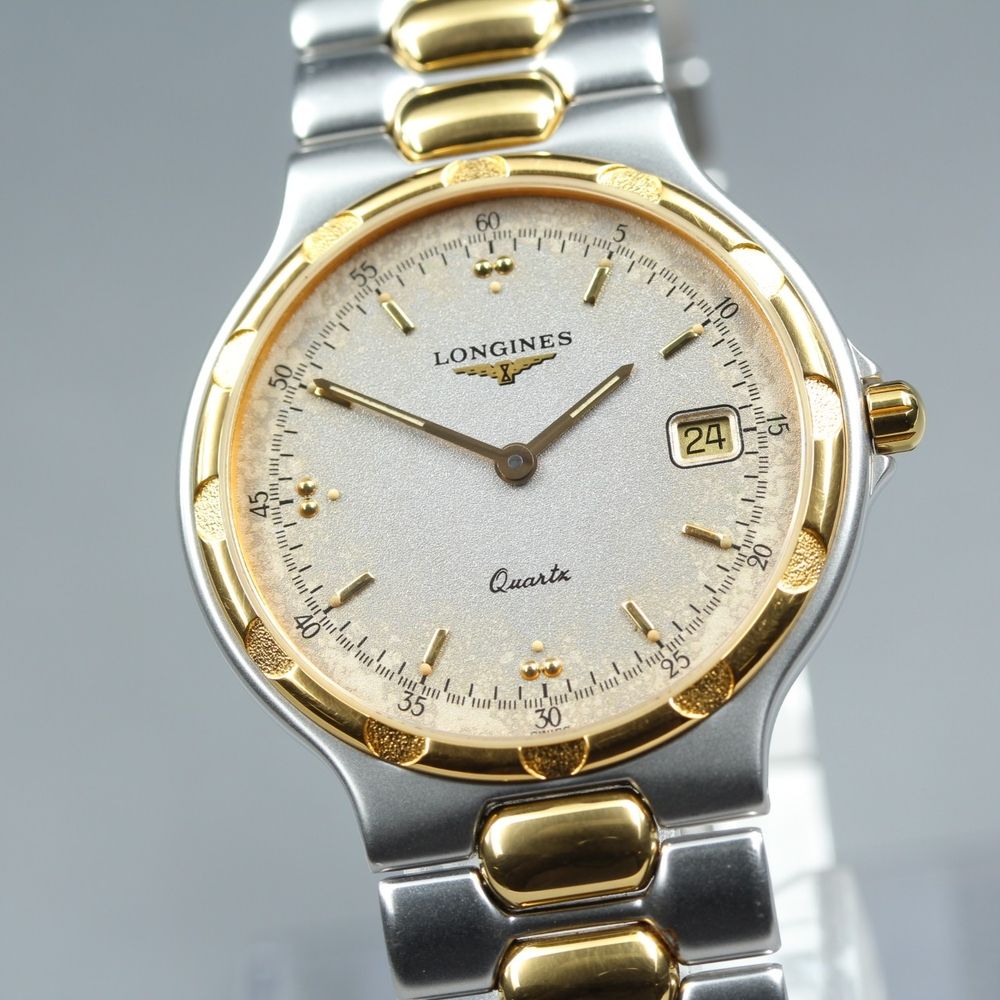【稼働品】 LONGINES コンクエスト L1.614.3 ゴールド シルバー デイト 純正ブレス クオーツ メンズ 腕時計 #17853